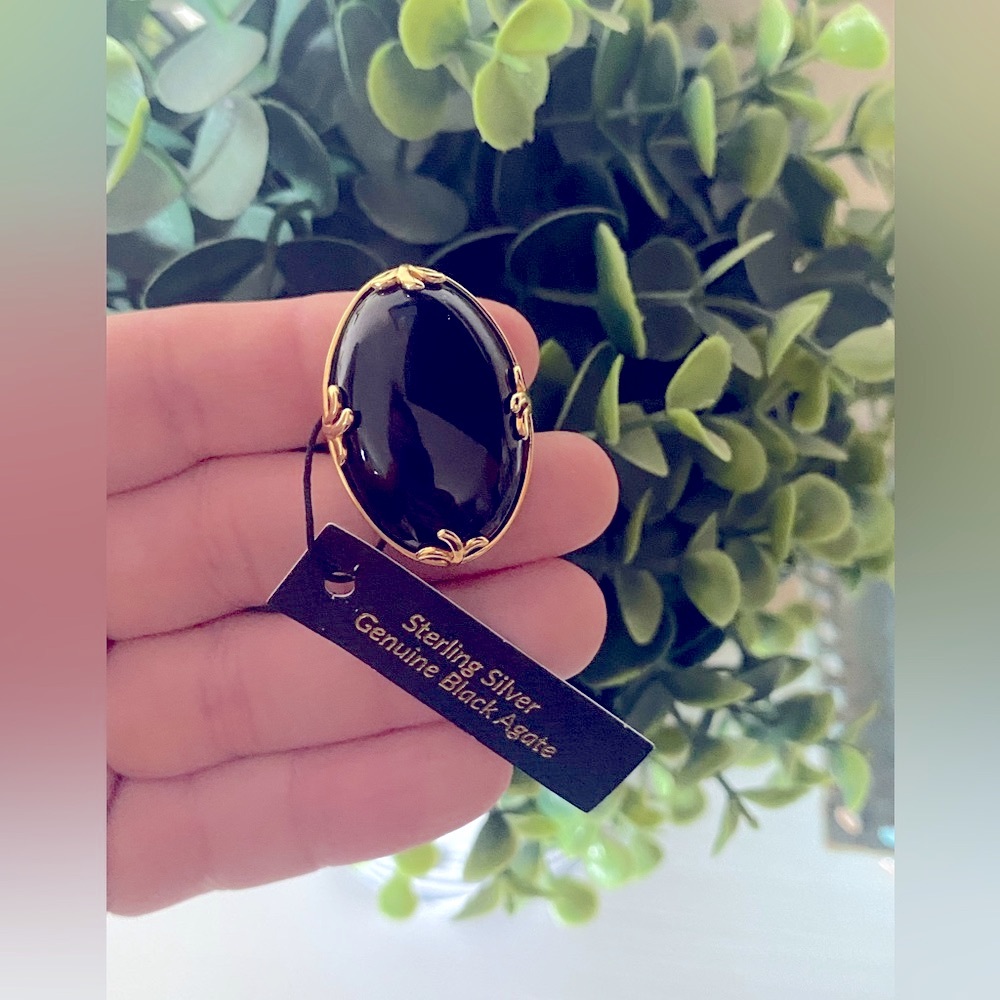 Brand New Cabochon-Cut Black Agate Gold over Sterling Silver Ring By PalmBeach